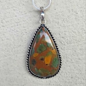 Fruit Jasper Pendant Necklace in 925 Sterling Silver Overlay (2.1")